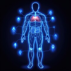 Poster - Human Body Anatomy Illustration with Lungs Intestines and Nervous System in Blue Neon Glow Medical Visualization