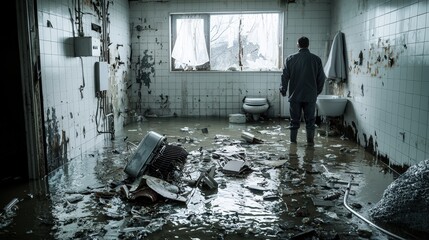 Aufkleber - flooded abandoned bathroom scene urban setting photography distressed environment emotional perspect