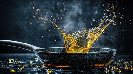 Poster - Dynamic oil splash in frying pan kitchen setting food photography dark environment close-up culinary art