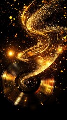 Poster - Golden Vinyl Record with Sparkling Light Trails Abstract Music Concept Dark Background