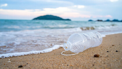 Wall Mural - plastic bottle lies on sandy shore, partially submerged in gentle waves of ocean, highlighting impact of pollution on natural landscapes