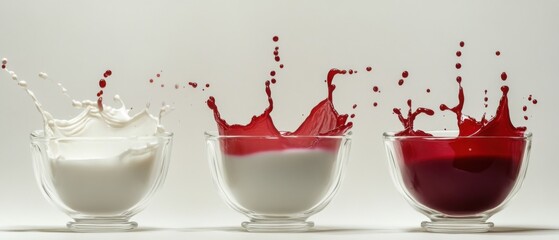 Poster - Milk and Red Liquid Splash in Glass Bowls Studio Shot Still Life Food Photography Beverage Art