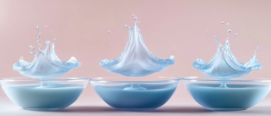 Poster - water droplet splashes in three glass bowls on pink background studio shot high speed photography