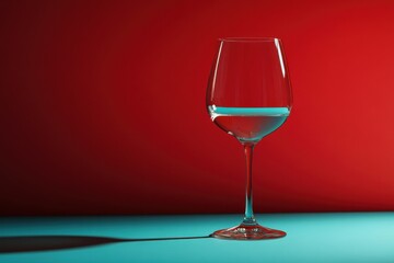 Poster - Wine glass filled with liquid on teal table in studio with red background, low angle, minimalist style