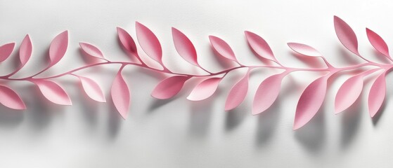 Poster - Pink Paper Leaves Branch Laying Flat on White Background Minimalist Style Elegant Design Decor Craft Art