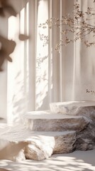 Poster - Stone podium display with soft light and branches on a neutral background product showcase minimalist style