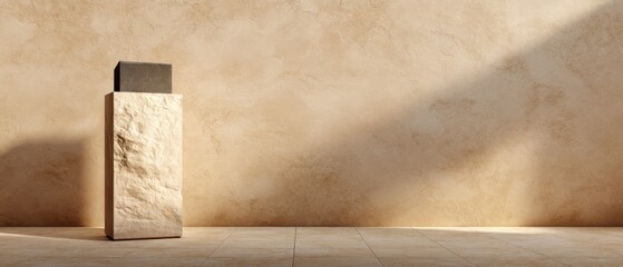 Poster - Minimalist Product Display Mockup with Stone Pedestal and Dark Cube in Earthy Toned Studio with Sunlight