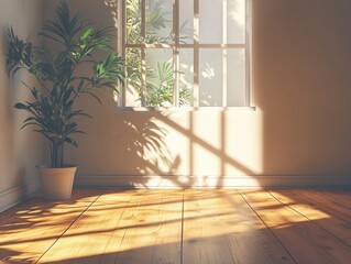 Poster - Interior scene with potted palm plant near window casting shadows on wood floor in bright sunlight