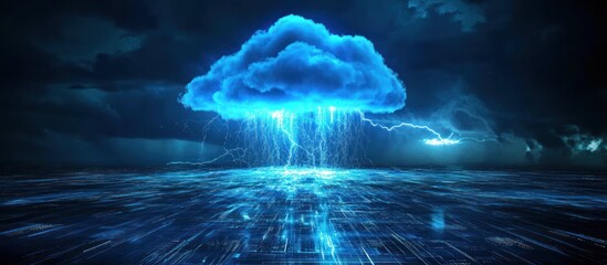 Poster - digital cloud with lightning strikes over a textured surface, portraying the concepts of data connectivity, innovation, and complex technological infrastructure on a dramatic scale
