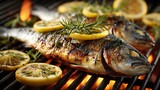 Grilled fish with lemon and herbs on a grill