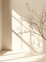 Poster - Minimalist interior with sunlight casting shadows on wall and floor featuring delicate branches in foreground studio shot