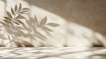 Poster - Minimalist interior with leaf shadow on wall in neutral tones studio shot for modern design and product presentation