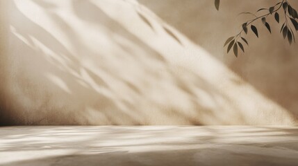 Poster - Minimalist Interior with Light and Shadow Play on Textured Wall and Concrete Floor Featuring Plant Branch in Corner