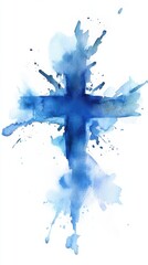 Poster - Watercolor cross painting on white paper background artistic expression of faith and spirituality in blue hues abstract design