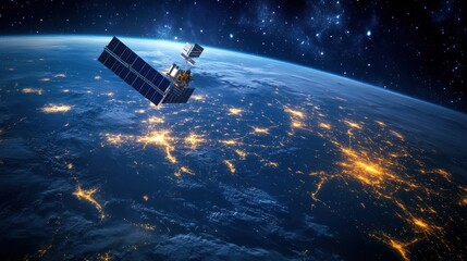 Poster - illuminating earth: satellite orbits above the twinkling cities below, observing the planet's vibrant electrical grid and its serene, starlit celestial surroundings