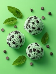 Poster - Mint chocolate chip ice cream scoops overhead studio shot on green background with chocolate chips and fresh mint leaves