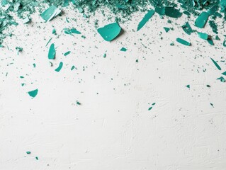 Poster - Turquoise pigment pieces scattered on white textured surface overhead flat lay abstract background