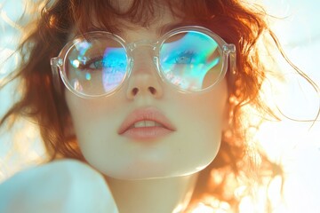 close-up portrait of a woman wearing large, clear glasses.