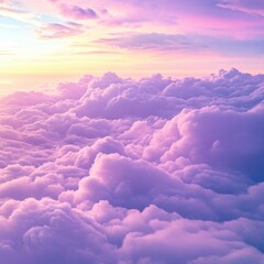 Poster - Aerial view of fluffy cumulus clouds at sunset with pink and purple hues dreamy skyscape from above in a serene atmosphere