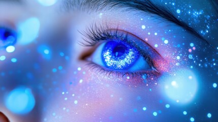 Poster - Close up of a blue eye with glitter and bokeh lights in a studio shot for beauty and fashion concepts