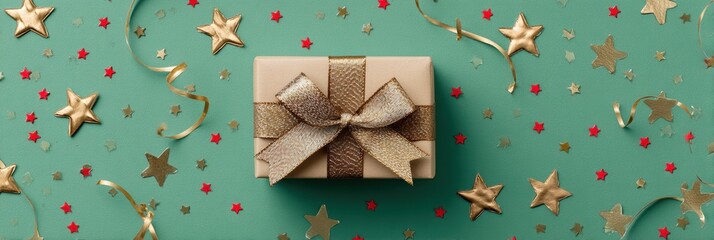 Poster - Gift Box Adorned With Golden Ribbon and Stars on Festive Background Ideal for Celebrations and Special Occasions