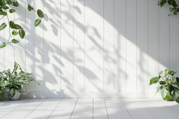 Poster - Interior with White Wood Paneling and Plants, Sunlight Casting Shadows, Minimalist Style, Studio Shot
