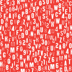 Poster - Hand drawn seamless pattern with a font consisting of dots. On the theme of matrix print, computer games, digital technology, pixels. A set of letters and numbers of an  alphabet. No AI is used