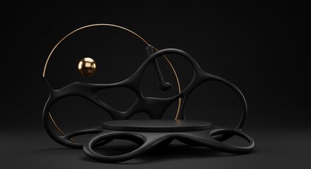 Poster - Elegant abstract 3D render of a black geometric podium with golden accents, perfect for product display against a dark background