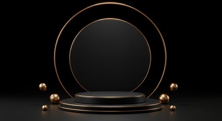 Poster - Elegant Black Podium with Gold Accents and Spheres for Product Display, Luxury Presentation, and Modern Minimalist Design on Black Background