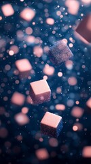 Poster - Falling Pink And Rose Gold Glitter Cubes On Dark Blue Bokeh Background