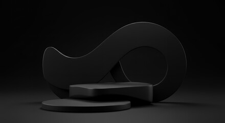 Poster - Elegant minimalist black podium display with abstract wavy backdrop, perfect for product presentation, showcasing design, and adding a touch of sophistication.