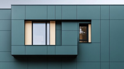 Poster - Modern teal building facade with two windows architectural detail exterior design close up symmetrical composition urban landscape