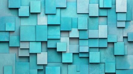 Poster - Abstract Turquoise Squares Background Texture Wall Art Design in Geometric Pattern Arrangement from Above in Studio