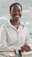 Fototapete - Business, office and face of happy black woman with smile, confidence and pride for about us. Professional, corporate and portrait of worker on computer for company consultant, advisor and career