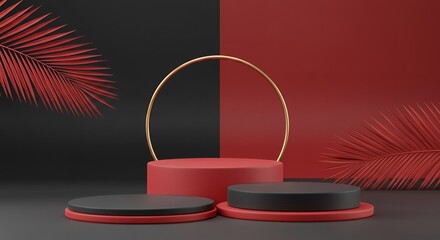 Poster - 3D render of elegant product display podiums with red and black color scheme, gold ring accent, and red palm leaves, minimal design.