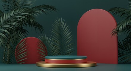 Poster - 3D rendered display podium with palm leaves and geometric shapes against a dark teal background, minimalist design for product presentation