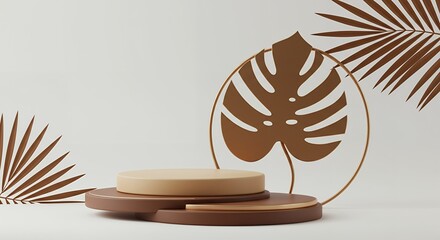 Poster - 3D rendered product display podium with tropical leaves and modern design, beige and brown color palette, perfect for showcasing items
