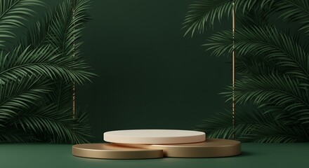 Poster - Elegant 3D Render of Gold and Beige Podium with Lush Palm Leaves on a Dark Green Backdrop, Perfect for Product Display and Presentation