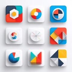 Poster - Abstract digital design featuring colorful geometric shapes and data visualization icons