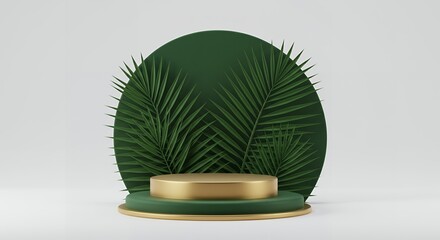 Poster - Elegant gold display podium with green accents and palm leaves on a white background, perfect for product presentation and showcasing items.