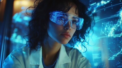 Aufkleber - Focused female scientist wearing futuristic glasses, analyzing data on a holographic screen.