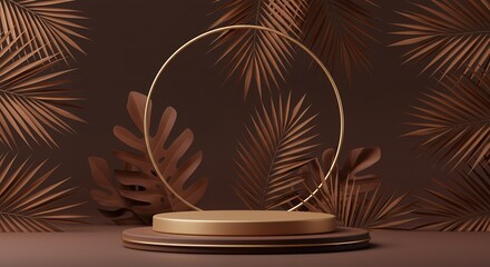 Poster - Elegant golden podium display with tropical leaves and a circular frame against a warm brown background, showcasing product presentation.