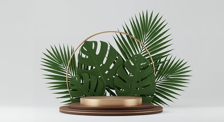 Poster - Luxurious tropical product display featuring a golden podium, lush green leaves, and a stylish gold arch, creating a sophisticated and elegant presentation.
