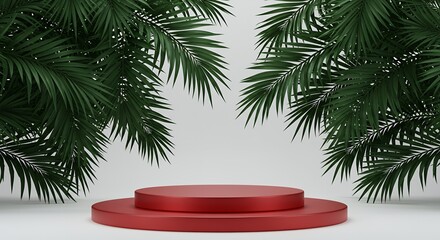 Poster - Rendered red podium with tropical palm leaves, minimalist design for product presentation, modern product showcase, elegant background, nature inspired