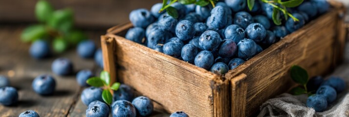 Poster - Fresh Blueberries Arranged in a Rustic Wooden Box With Soft Blur for a Cozy Kitchen Feel