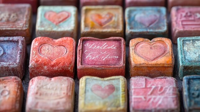 Rows of hand-lettered Valentine stamps with heartfelt messages, intricate patterns, and soft pastel shades