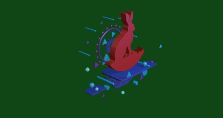 Poster - Red hare symbol on a pedestal of abstract geometric shapes floating in the air. Abstract concept art with flying shapes in the center. 3d illustration on green background
