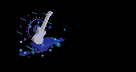 Poster - White guitar symbol on a pedestal of abstract geometric shapes floating in the air. Abstract concept art with flying shapes on the left. 3d illustration on black background