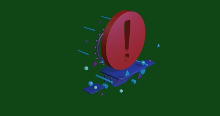 Poster - Red attention symbol on a pedestal of abstract geometric shapes floating in the air. Abstract concept art with flying shapes in the center. 3d illustration on green background