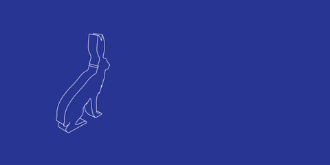 Poster - The outline of a large hare symbol made of white lines on the left. 3D view of the object in perspective. Vector illustration on indigo background